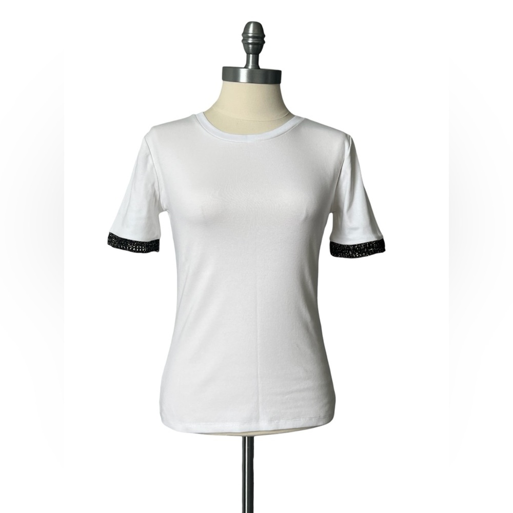 ZARA NWT White Fitted Tee Shirt Lace Glitter Short Sleeves Stretch Top Size M